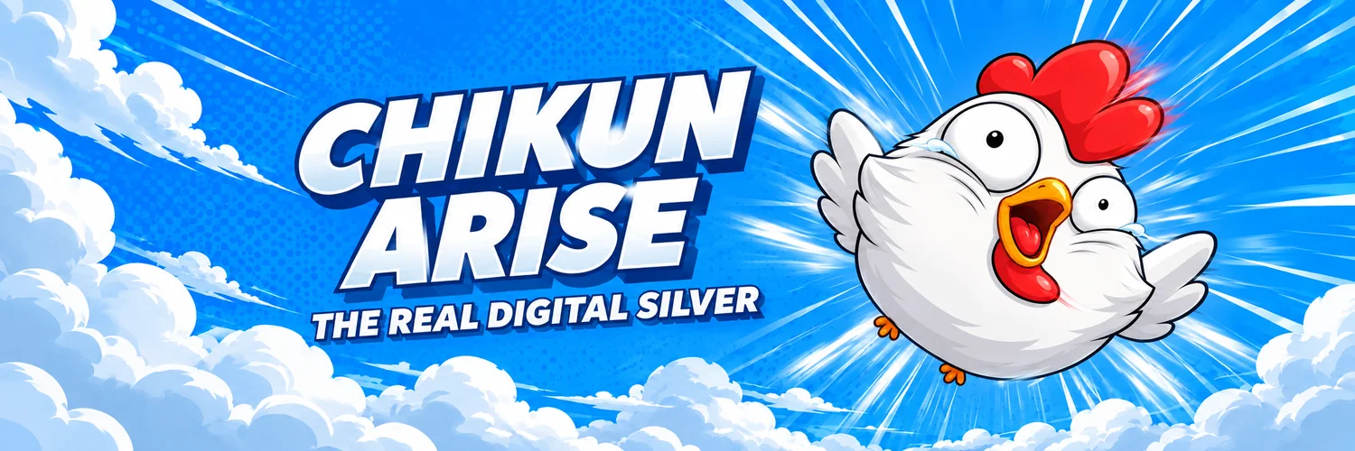 CHIKUN ARISE, the real digital silver: the chicken flying through a comic blue sky
